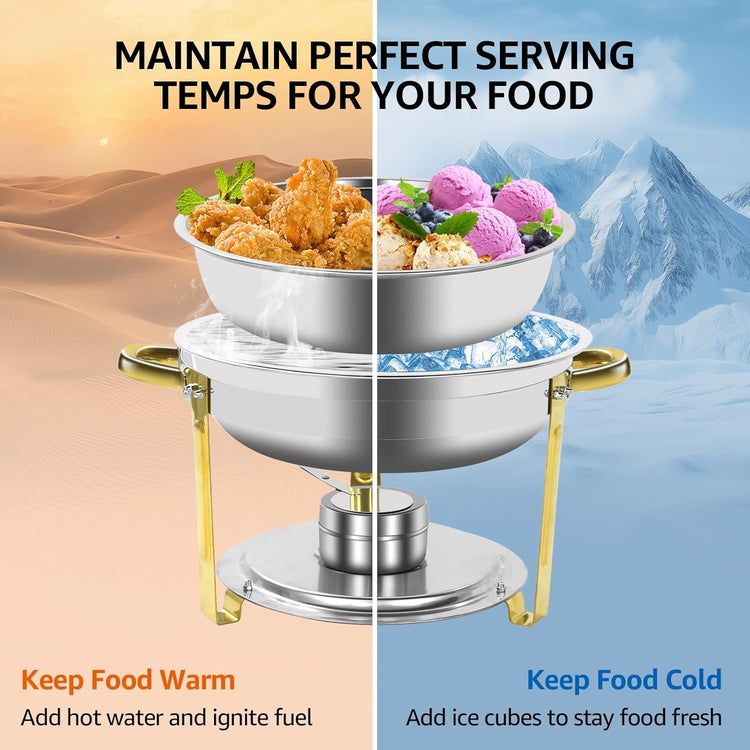 Gold & Silver Chafing Dishes for Buffet with Lid 5QT, 8 Pack - Food-Grade Stainless Steel Chafers and Buffet Warmers Sets with Lid Holder, Rolled Edge Design, for Party, Banquet