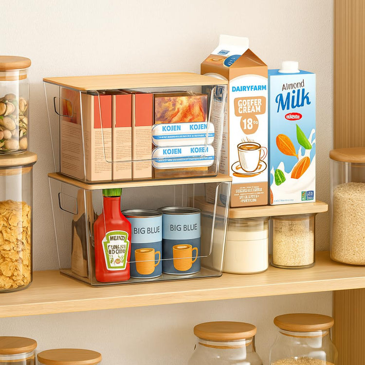 6 Pack Clear Stackable Storage Bins with Bamboo Lids (6 Count)