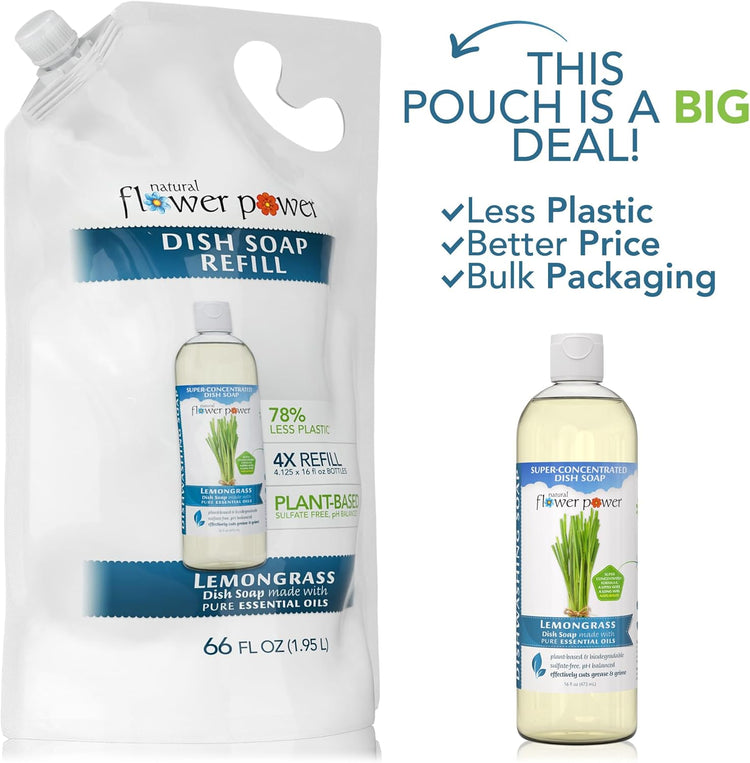 Liquid Dish Soap Refill – 66 Fl Oz Refills 4X – Plant-Based & Scented w/Pure Essential Oils – Natural Dishwashing Detergent – Sulfate-Free Kitchen Soap (Lemongrass)