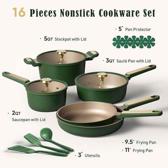 CAROTE Pots and Pans Set Non stick, Cookware Set, 16pcs NonStick Kitchen Set Induction Cookware Non-Toxic & PFOA&PFOS-Free, Dishwasher, Green
