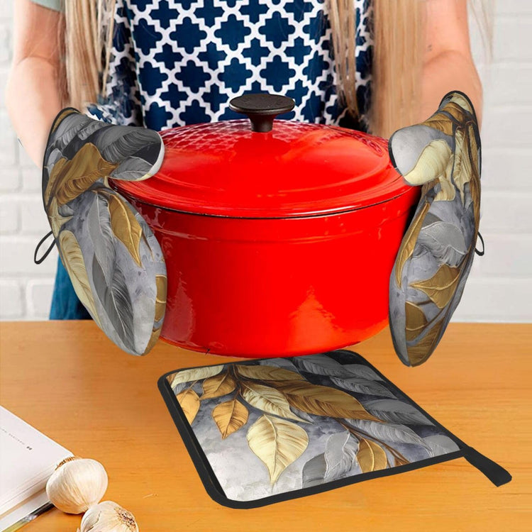 Gold Silver Tropical Leaves Oven Mitts and Pot Holders Sets of 3 (3 Count)