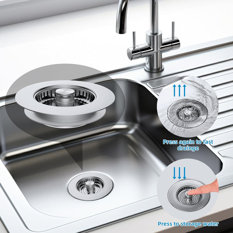 Hibbent All Metal Stainless Steel 3 in 1 Kitchen Sink Drain Strainer, Upgraded Anti-Rust Sink Stop Combo, 3 Anti-Clogging Stainless Steel Baskets with Metal Handle for US Standard 3-1/2" Drain