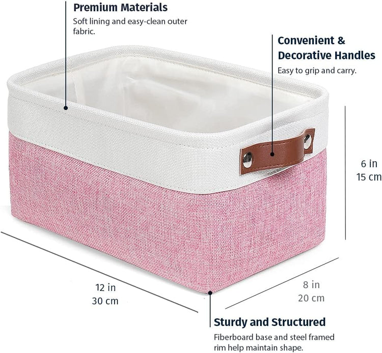 OrganiHaus Small Fabric Storage Baskets for Shelves 3 Pack, 12x8in Closet Storage Bins for Shelves, Cloth Baskets for Organizing, Linen Closet Organizers, Fabric Basket, Pink/White