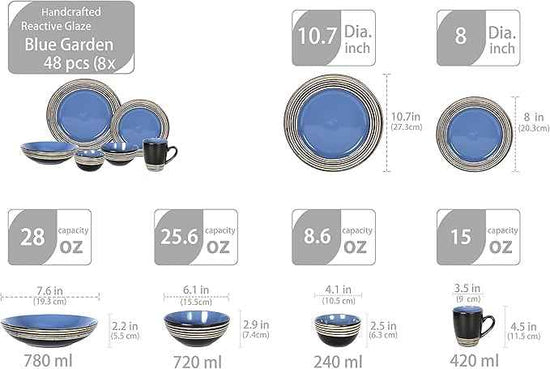 48 Piece Dinnerware Set, Ceramic Plates and Bowls Sets for 8, Microwave and Dishwasher Safe, Handcrafted Tree Bark Series Dish Set, Blue