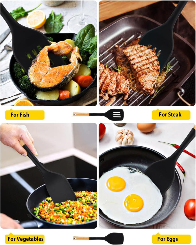 Pack of 2 Large Silicone Spatula, Heat Resistant Solid Turner, Non Stick Slotted Spatulas with Wooden Handle, Ideal Kitchen Utensils for Flipping, Pancakes, Eggs, Fish(BLACK)