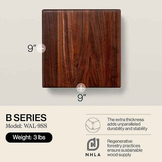 John Boos B Series Square Wooden Walnut Cutting Board 12”x12” – 1.5” Thick, 5-lb Non-Reversible Butcher Block with Stainless Steel Bun Feet & Edge-Grain