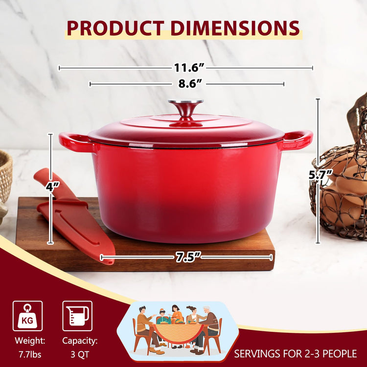 3 Qt Enameled Cast Iron Dutch Oven with Lid
