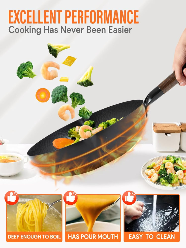 Carbon Steel Wok Pan, 5 Piece Authentic Chinese Wok & Stir-Fry Pans Set with Wooden Lid, No Chemical Coated Flat Bottom Chinese Woks Pan for All Stoves-13“