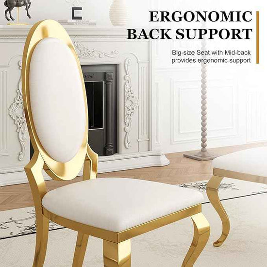 Modern Dining Chairs Set of 6, Luxury Faux Leather Upholstered Armless Dining Room Chair with Mirrored Stainless Steel Gold Legs, Mid Century Accent for Wedding Party Banquet Reception, White