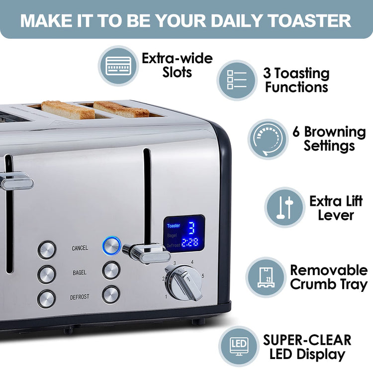 4 Slice Stainless Steel Toaster with Digital Display
