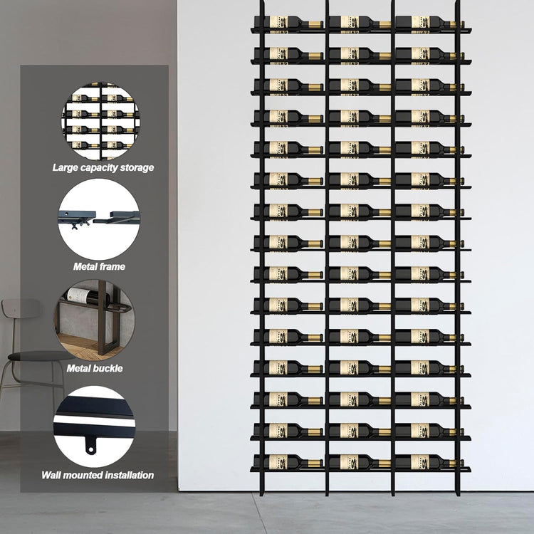 Wine Rack Freestanding Floor, 16 Tier 48 Bottle Capacity Display Holder, Black Industrial Wine Bottle Storage Shelves, for Any Bar, Wine Cellar, Kitchen, Dining Room (Black, 3 Column)