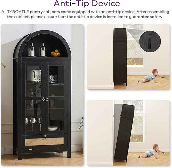 TYBOATLE 71" Tall Arched Pantry Cabinet with Innovative Drawer, Kitchen Cabinet with Anti-Tipping Device and Glass Door, Versatile Cupboard for Kitchen, Dining, Black