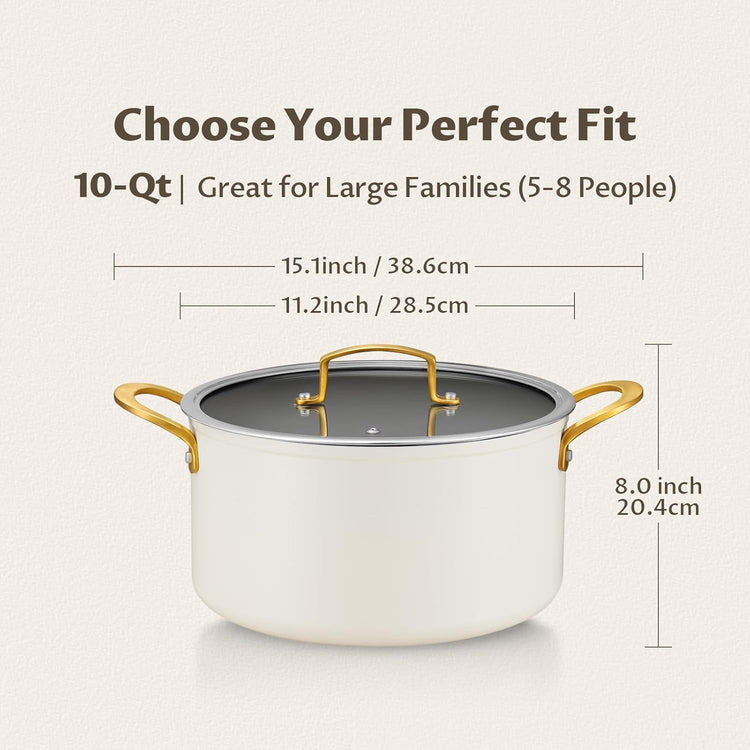 BEZIA 10 Quart Cooking Pot with Ceramic Coating, Non-Stick Stock Pot with Tempered Glass Lid, Large Soup Pot with Stainless Steel Handle, Induction Compatible Stockpot, Dishwasher Safe, Cream