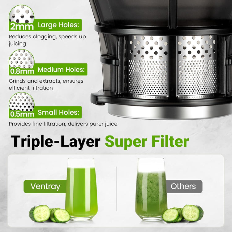 Ventray Cold Press Juicer, 5.1'' Extra Large Feed Chute Slow Masticating Juicer Machine for Whole Vegetables & Fruits, 250w, High Juice Yield, Easy to Clean with Brush, Great for Batch Juicing