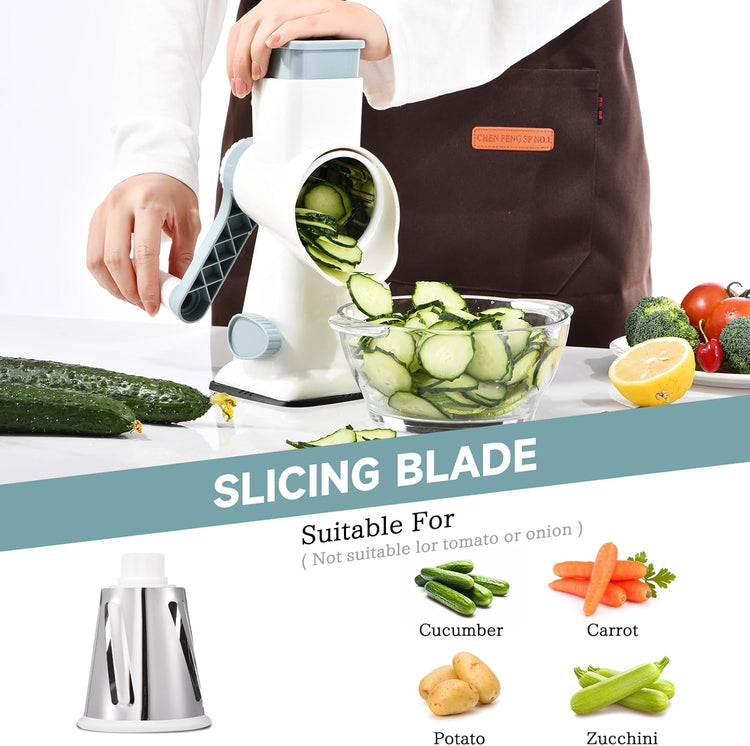 Rotary Cheese Grater Hand Crank Cheese Shredder Vegetable Mandoline Slicer for Kitchen 3 in 1 Changeable Blades for Cheese Potato Nuts Chocolate Ice (WhiteBlue)