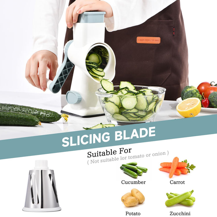 Rotary Cheese Grater with Handle Kitchen Shredder Slicer Grater Slicer Ice Shaver Cheese Vegetable Nuts Potato Zucchini Chocolate 3 Interchangeable Blades
