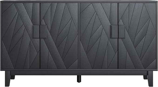 Modern Black 4-Door Sideboard Buffet Cabinet with Geometric Wood Doors | Adjustable Shelves, Large Console Table for Dining Room, Kitchen, and Living Room (55 inches)
