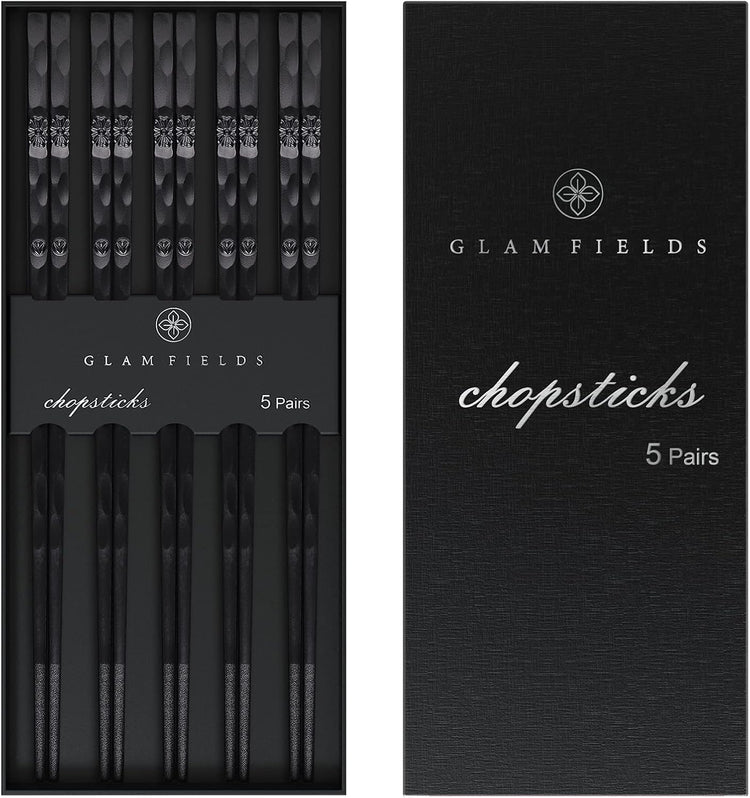 5 Pairs Japanese Fiberglass Chopsticks, GLAMFIELDS Reusable Chop sticks Dishwasher Safe, Non-slip, 9 1/2 inches - Gift Set Black
