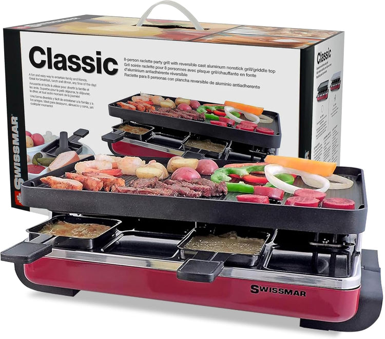 Swissmar Classic 8-Person Raclette Party Grill with Reversible Cast Aluminum Non-Stick Grill Plate/Crepe Top, Indoor Electric Raclette Grill & Griller - Black Grill Plate - Red
