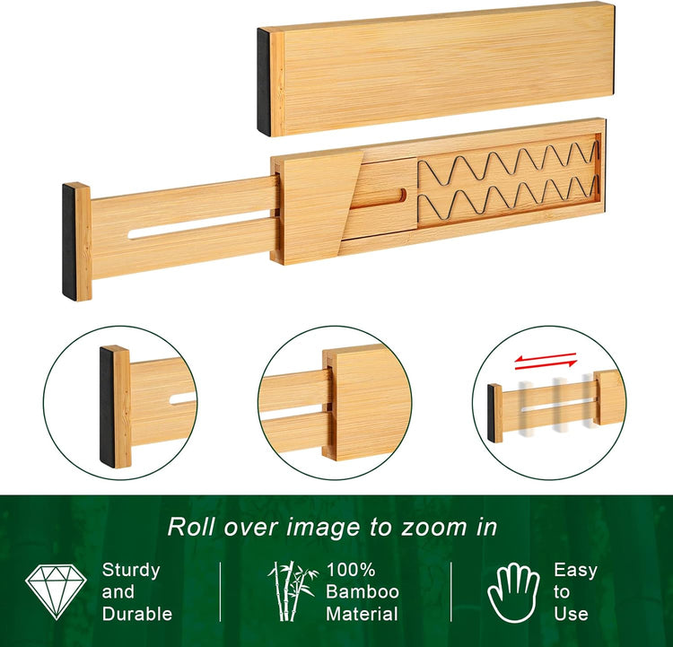 4 Pack Bamboo Drawer Dividers, Adjustable Length from 12 Inch to 17 Inch, Expandable Kitchen Drawer Organizer, Drawer Organization Separators for Clothes, Kitchen, Bedroom, Dresser, Office (Beige)