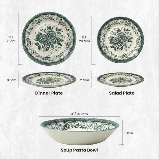 TUDOR ROYAL 12-Piece Porcelain Round Dinnerware Set, Service for 4, VICTORIA Green Design, Blue Floral, Plates Bowls Dishes, Premium Quality Tableware, Unique Pattern, Glossy