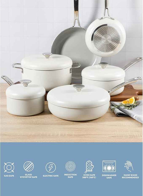 Sur La Table Kitchen Essentials Potluck Porch 10 Piece PFA Free Ceramic Non stick Interior Forged Aluminum Cookware Pots and Pans Set W/Aluminum Lids - Linen White - Induction Compatible