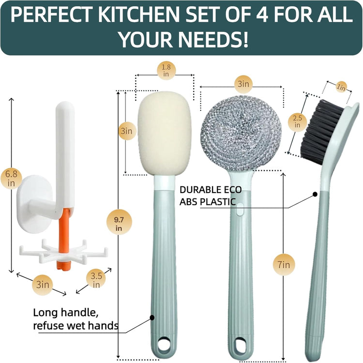 Dish Brush Set of 4 with Holder.Interchangeable Heads Kitchen Scrub Brush,Dishwashing Brush Set with Extended Handle,for Cleaning Pots,Pans,Bottles,Cups,Sinks,scrubbers for Dishes.Green
