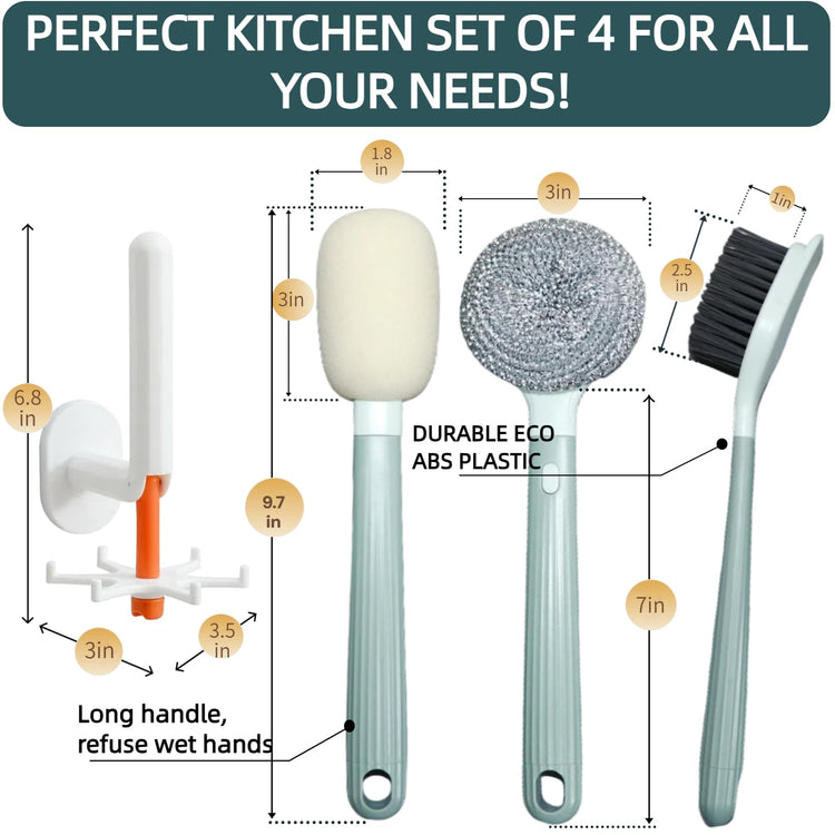 Dish Brush Set of 4 with Holder.Interchangeable Heads Kitchen Scrub Brush (4 Count)