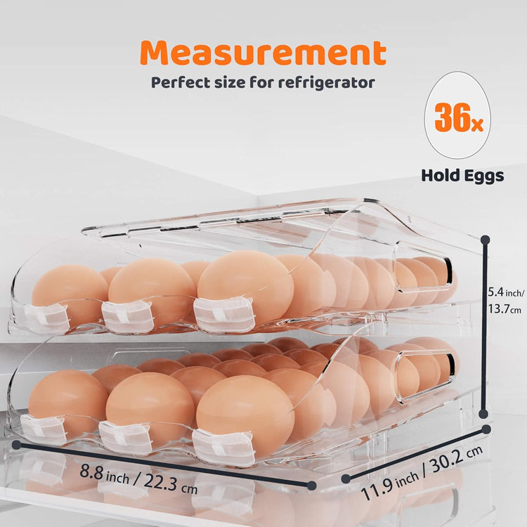 Egg Holder for Fridge, Automatic Steady Rolling Egg Dispenser with Silicone Bumpers & Handle for Refrigerator, Large Capacity Egg Organizer with Lid