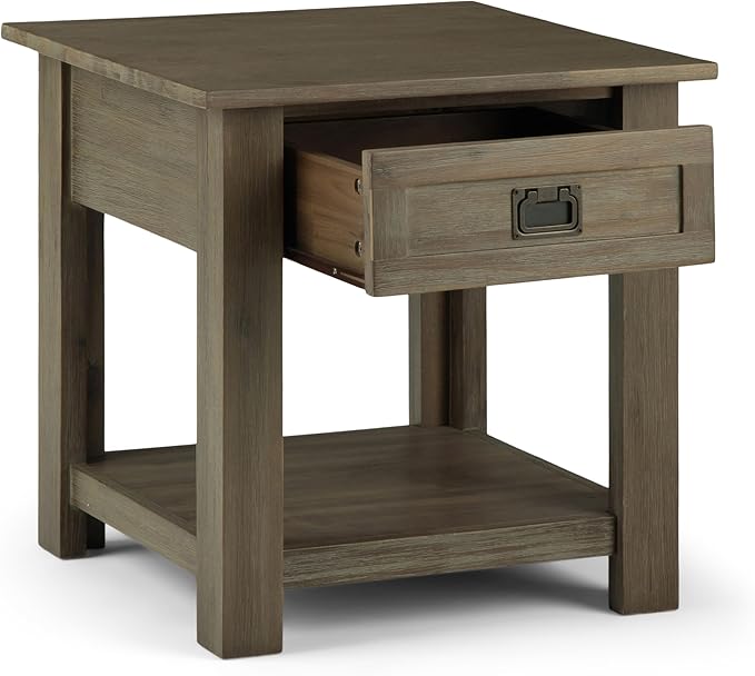 SIMPLIHOME Monroe End Table - 22 inch Wide Solid Acacia Wood Side Table in Distressed Grey, Rustic Contemporary Accent Table for Living Room or Bedroom with Drawer and Shelf