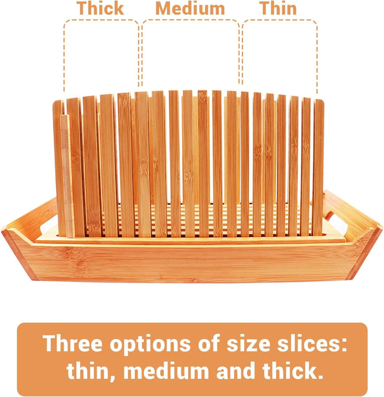 Bread Slicer for Homemade Bread, Bamboo Loaf Cutter with Knife and Crumb Catcher, Adjustable Foldable and Compact Cutting Guide 3 Size Slicing Guide