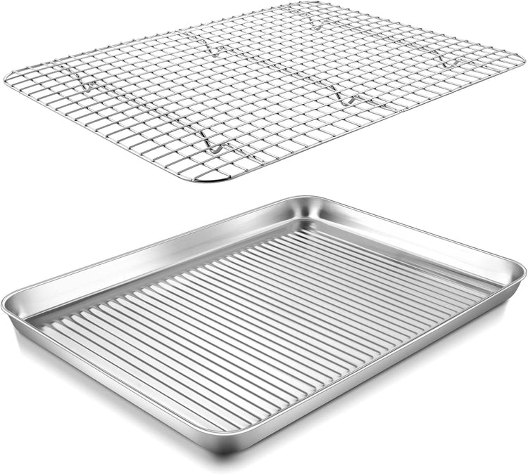 P&P CHEF Baking Oven Pan with Wire Rack, Stainless Steel Baking Oven Sheet Tray, Bacon Pan and Cooling Rack for Cooking Roasting Cookie, Dishwasher Safe & Easy Clean, 17.5 x 13 x 1 Inch