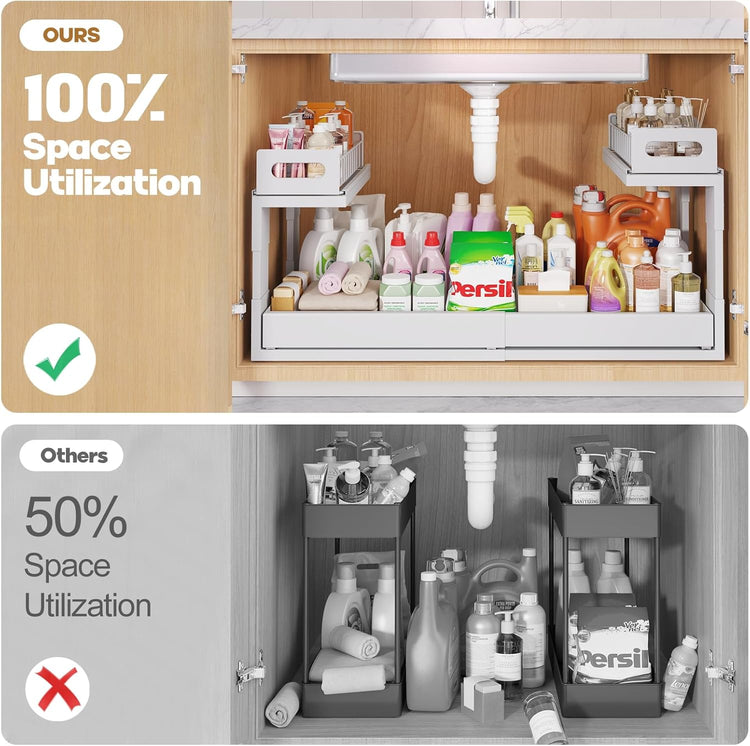 1 Pack-19"-32"W Expandable Under Sink Organizer With Upgrade Ball-Bearing Slide,2-Tier Pull Out Under Cabinet Organizer Height Adjustable,Not Suitable For Cabinets With Partitions In The Middle