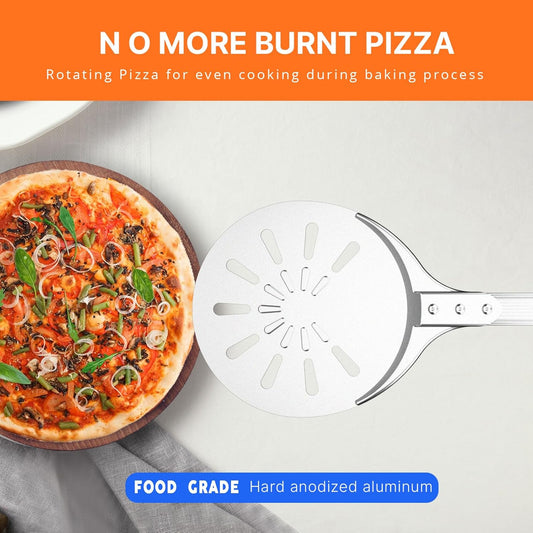 Pizza Turning Peel, 8-inch Pizza Peel Turner Spinner, Long Handle Perforated Aluminum Pizza Peel with Silicone Hook, Pizza Oven Accessories