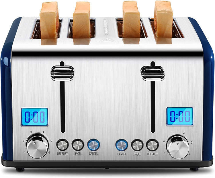 Countdown Stainless Steel 4 Slice Toaster with Bagel, Defrost, Cancel Function, Dual Toaster, Extra Wide Slots, 6 Shade Settings, Removable Crumb Trays, 1650W, Blue