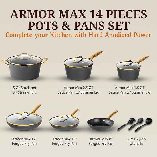 GRANITESTONE 14pcs Induction Pots and Pans Set Non Stick Cookware Set with 3 Utensils, Premium Chef Quality Forged Hard Anodized Exterior with Armor Max Coating Lasts 8x Longer, Oven & Dishwasher Safe