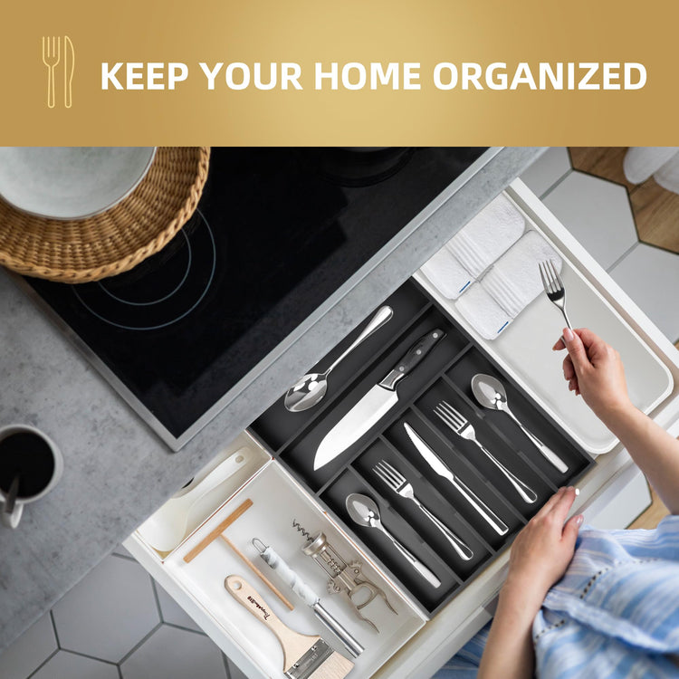 Bamboo Silverware Holder Drawer Utensil Organizer with 7 Slots Black