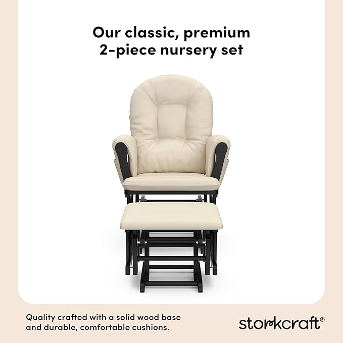 Storkcraft Premium Hoop Glider & Ottoman (Black with Beige) — GREENGUARD Gold Certified, Solid Wood Craftsmanship, Convenient Storage Pockets, Smooth-Gliding Chair for Nursery, Multi-Award-Winning