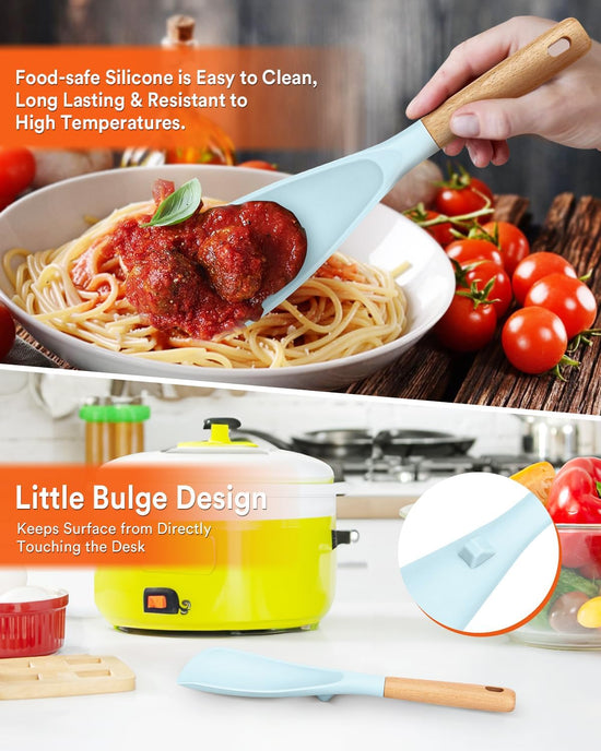 Cooking Spoon and Rice Scooper for Nonstick Cookwares, Great for Cooking and Serving Sturdy BPA-Free Matte Silicone, Wood Handle Spoon for Mixing, Scoop, and Scrape (BLUE) - Nestoria