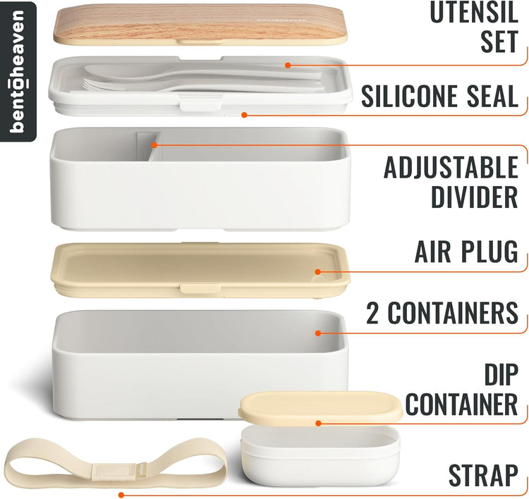 Bentoheaven Premium Bento Box Adult Lunch Box with Compartments for Women & Men, Set of Utensil & Chopsticks & Dip Container, Cute Japanese Kids Bento Lunch Box, Microwavable (Bright Light)