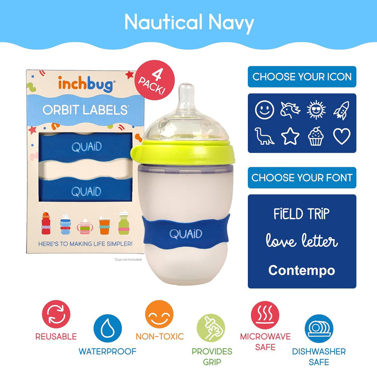 InchBug Orbit Labels - Baby Bottle Name Labels for Daycare, Sippy Cup Bands - Engraved Silicone, Reusable, Dishwasher Safe, White Contrasting Personalization, 4-Pack (Nautical Navy)