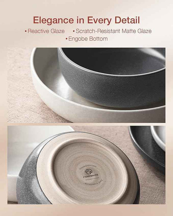 Famiware Milkyway Plates and Bowls Sets, 12 Pieces Dinnerware Sets, Reactive Glaze Dish Set, Stoneware Dishes Set for 4, Matte Beige White & Matte Dark Charcoal