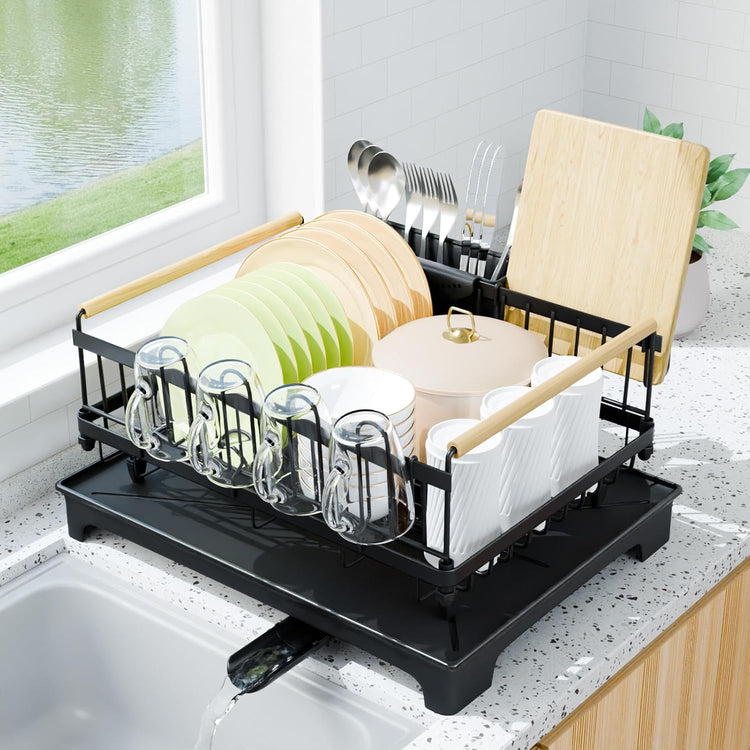 Dish Drying Rack, Drying Rack with Automatic Drainboard, Dish Racks for Kitchen Counter, Rustproof Dish Drainer with Removable Utensil Holder, Cups Holder,Black