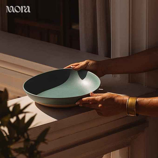 MORA Jumbo and Large Serving Dishes Set of 2, 13 inch and 12 inch Ceramic Pottery Oval Platters - Microwave, Oven and Dishwasher Safe - Iris & Merrigold