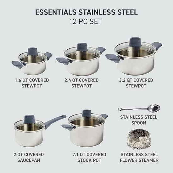 T-fal Essentials Stainless Steel Cookware Set 12 Piece, Induction Compatible, Oven Safe 350F, Cooking Set w/Stewpots, Stockpot, Saucepan, Lids & Tools, Measuring Marks, Dishwasher Safe, Silver/Blue