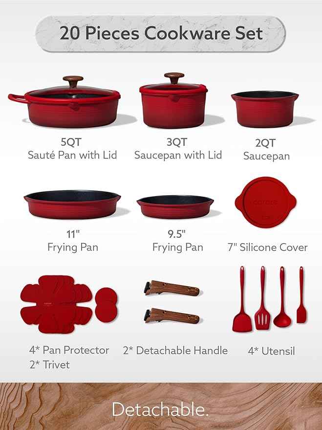 CAROTE 20Pcs Titanium Cookware Set, Pots and Pans Set Non Stick, Kitchen Cooking Set with Detachable Handle, Non Toxic Induction Cookware - Camping Cookware, Dishwasher/Oven Safe, Red