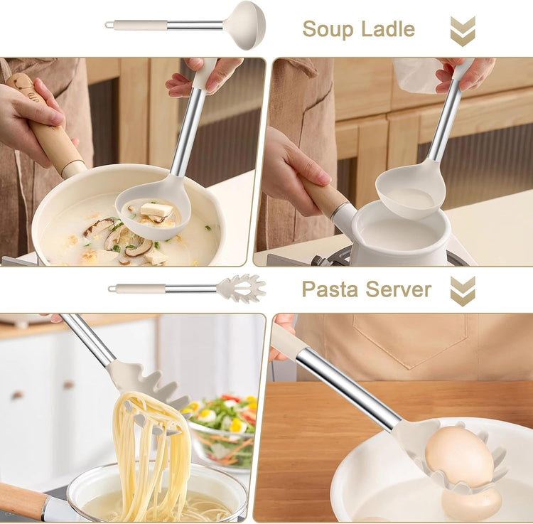 TeamFar Silicone Soup Ladle and Pasta Fork Set, 2 Pcs Large Nonstick Kitchen Cooking Utensils with Stainless Steel Handle for Draining, Serving Soup, Sauce, Spaghetti, Non-Toxic & Heat-Proof, Khaki