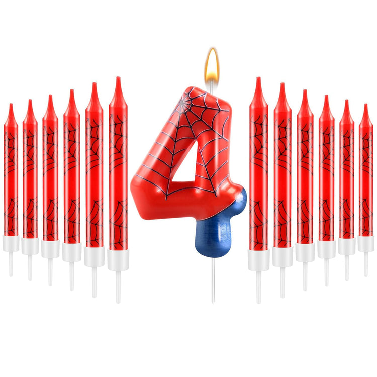 13 Pcs Spider Themed Birthday Candle Set Red Spider Theme Number 4 Candle Cake Topper for Boys Girls Birthday Decoration Spider Party Decoration Supplies (13 Count)
