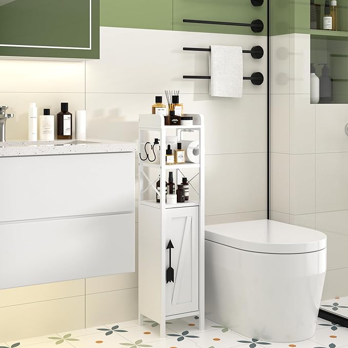 VECELO Slim Toilet Paper Holder, Small Cabinet with Door & 2 Shelves Fenced Top, Bathroom Narrow Storage Organizer for Restroom Bathroom Tiny Space, Pearl White