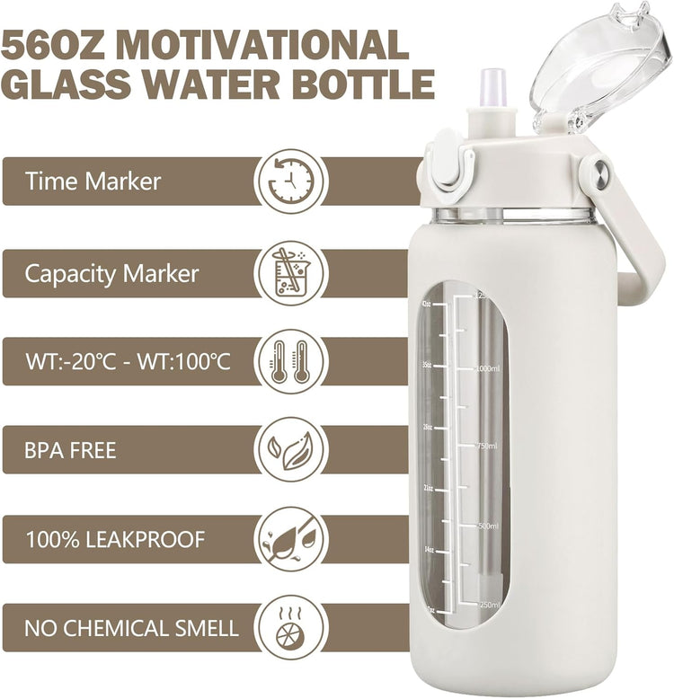kytffu 56oz Glass Water Bottles with Straw, Motivational Glass Bottle with Silicone Sleeve and Time Marker, Leakproof Large Glass Water Jug for Gym Home Office,White